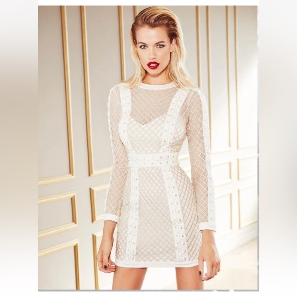 Y2K BEBE Ivory Shannon Mesh Dress w Gold Embroidery size 8